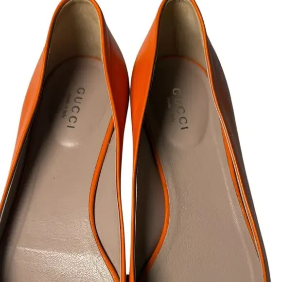Gucci Pointed Toe Orange Leather Flats Silver Stud Toe Cap Slip On EU 37 US 7 - Picture 7 of 14